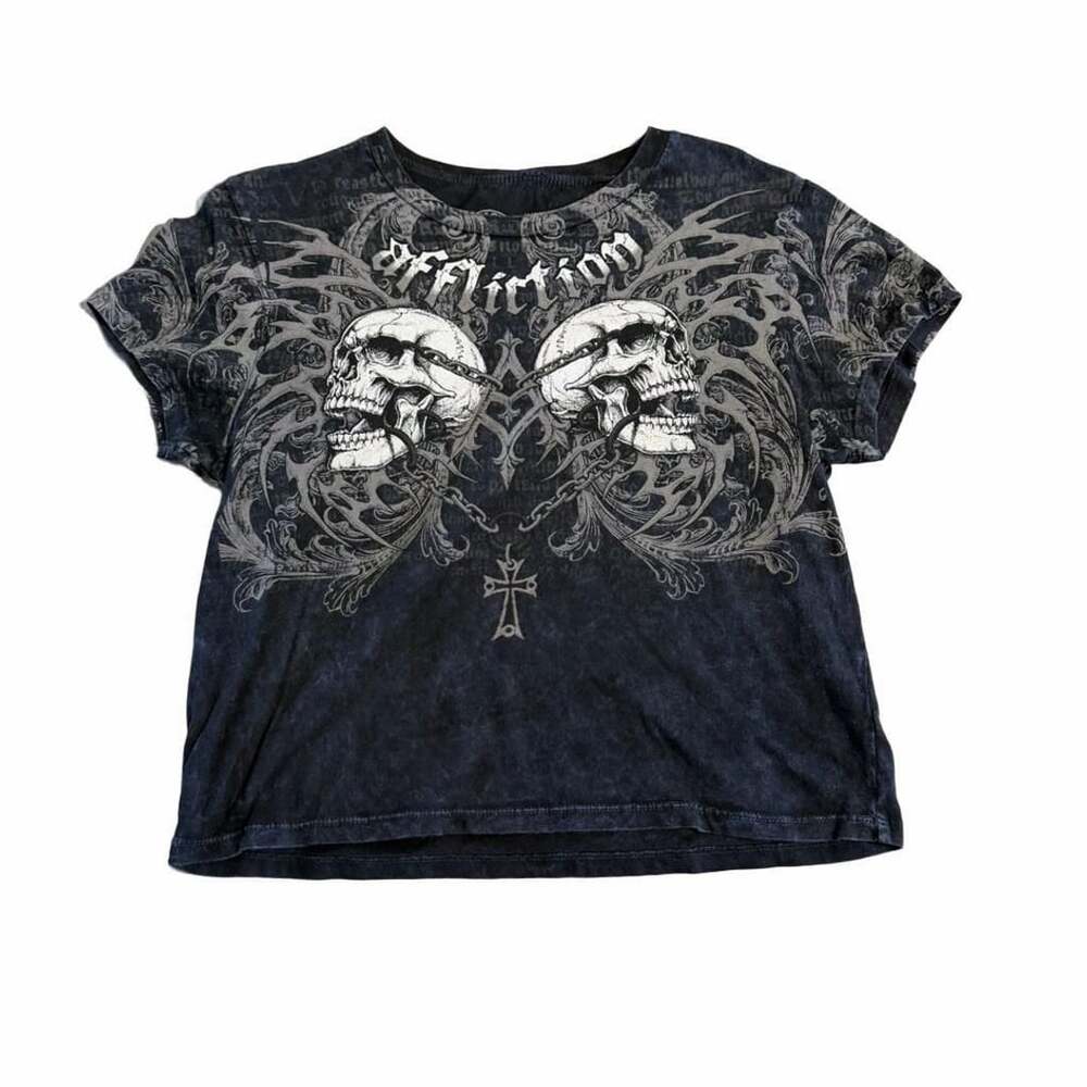Affliction Collapse Crop T-Shirt Black Lava Wash Skull Graphic Y2K